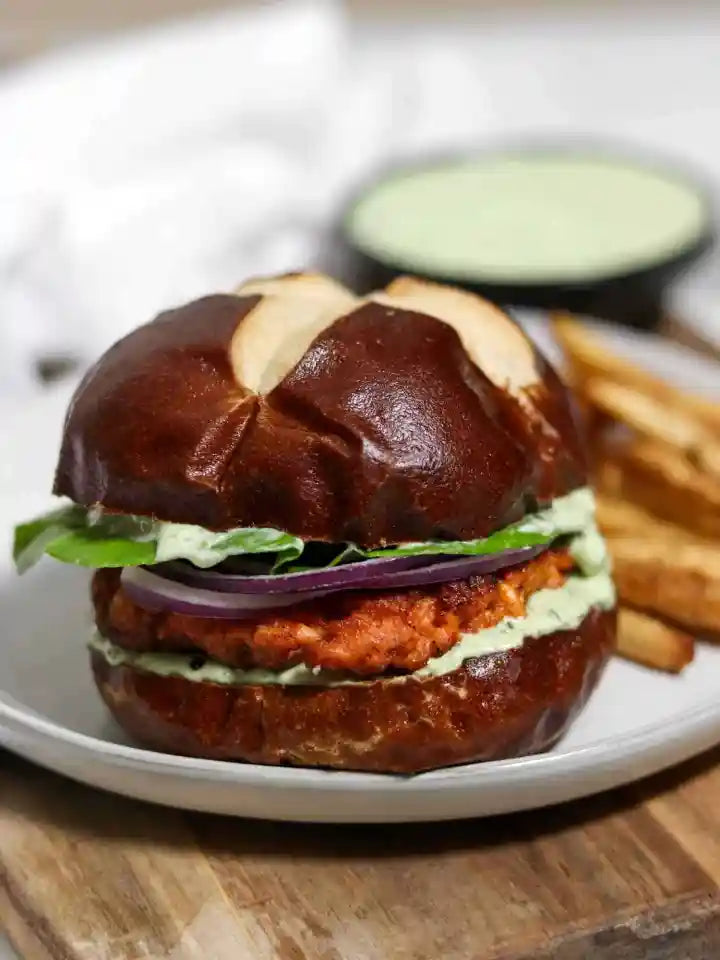MUSHROOM AND SALMON BURGER - SIDE OF SALAD
